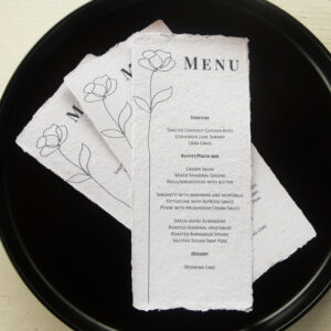 wedding menu on handmade deckled edge paper, white or recycled cotton paper